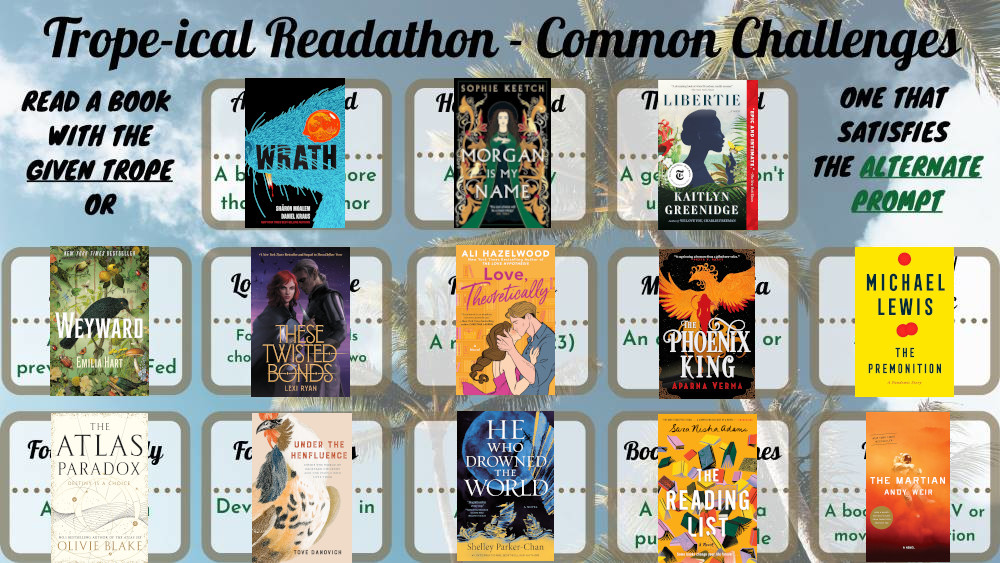 Trope-ical Readathon August 2023 A Literary Escape selections for the Common Challenges